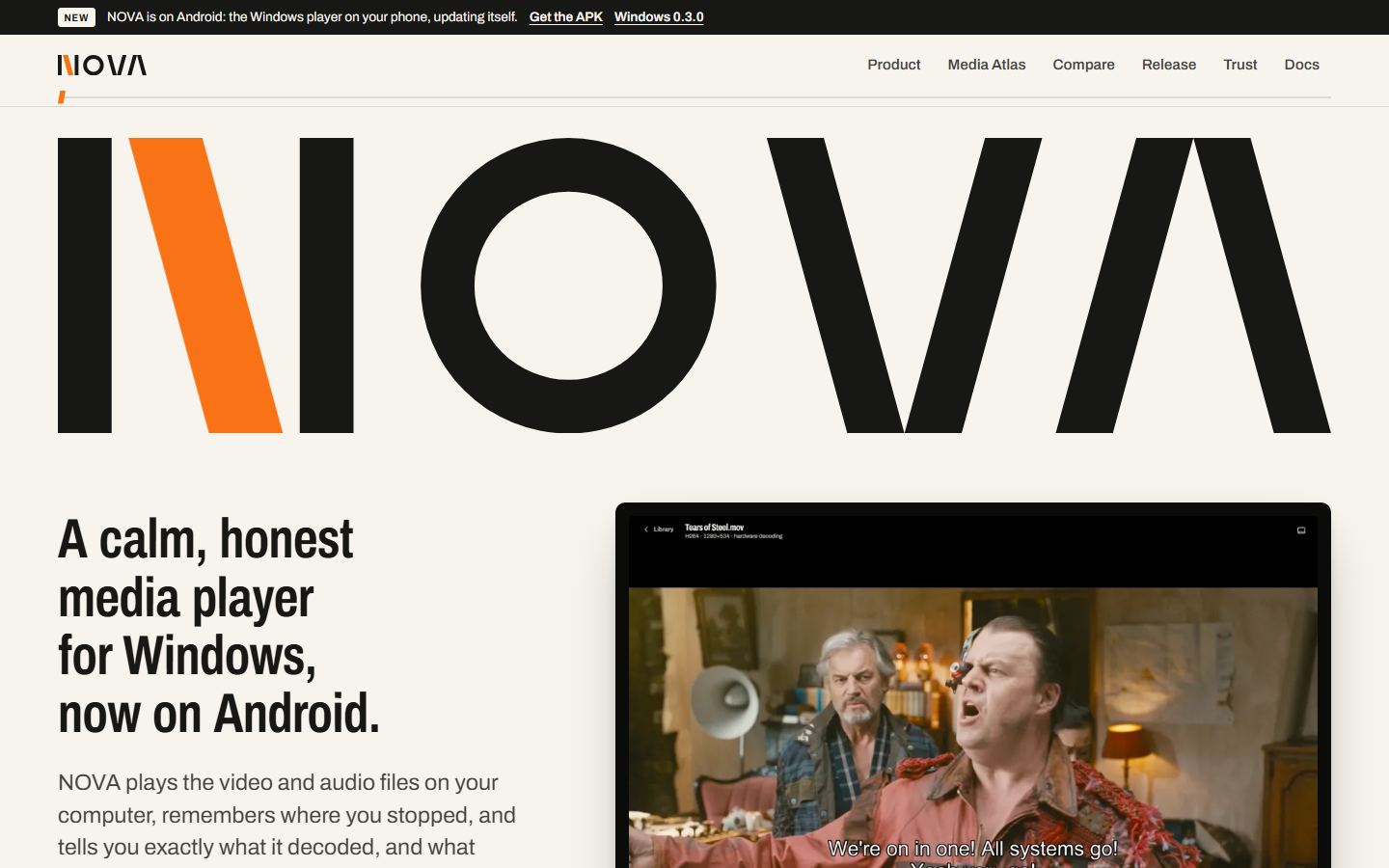 The NOVA site: a giant NOVA wordmark in black and orange above the player showing a film frame.